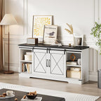 IDEALHOUSE Farmhouse TV Stand for TV up to 65 Inch, Entertainment Center with Sliding Barn Doors and Adjustable Shelves, Mid Century Modern Media Console Table for Living Room, White & Black
