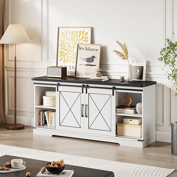 IDEALHOUSE Farmhouse TV Stand for TV up to 65 Inch, Entertainment Center with Sliding Barn Doors and Adjustable Shelves, Mid Century Modern Media Console Table for Living Room, White & Black