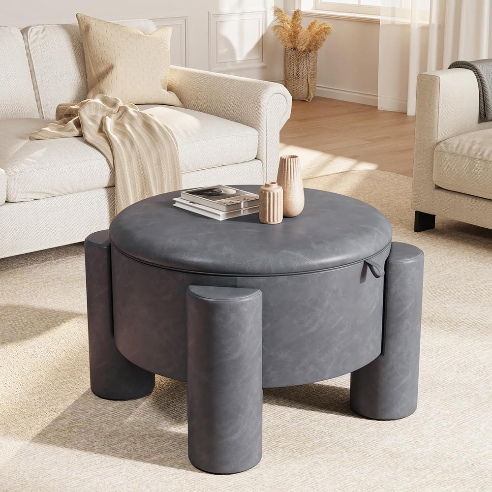 FiveWillowise 24 Inch Round Small Ottoman with Storage,Faux Leather | 24&quot...