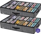 Onlyeasy Sturdy Under Bed Shoe Storage Organizer with Handles and Clear Window Fit 16 to 32 Pairs, Premium Foldable Shoes Container Box for Closet, 37.7x 23.6x 5.9 inch, Cotton-like Black, MXBUBS16P2