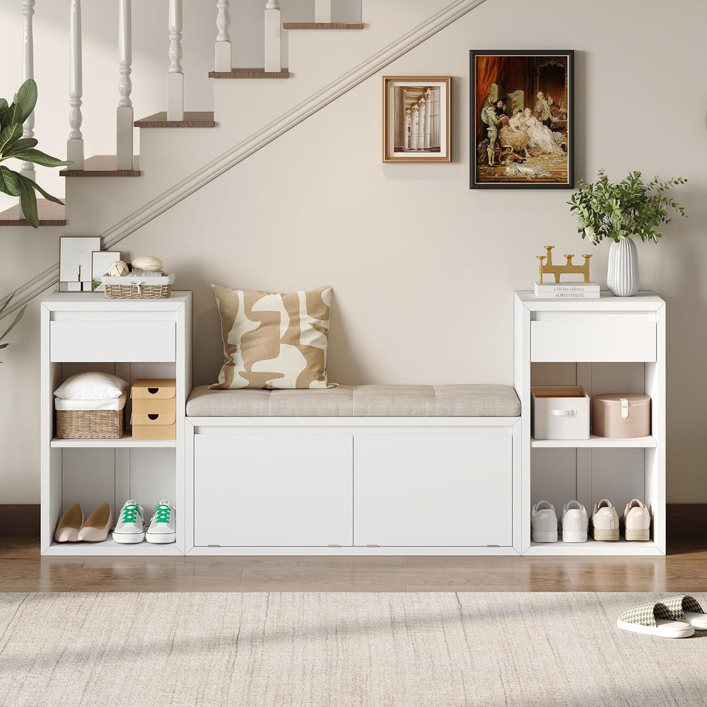 Entryway Bench with Shoe Storage, Solid Wood Shoe Bench with Cushion and Draw...