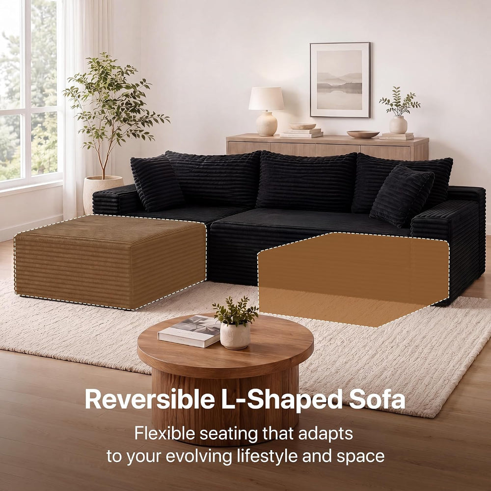 Claiks 94" Couch, L-Shape Corduroy Sectional Sofa, Black | Flexible Modu...