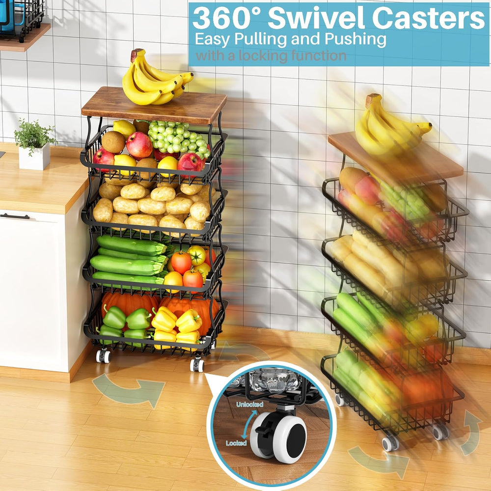 4 Tier Vegetable Fruit Basket for Kitchen, Stackable Metal Fruit and Vegetabl...