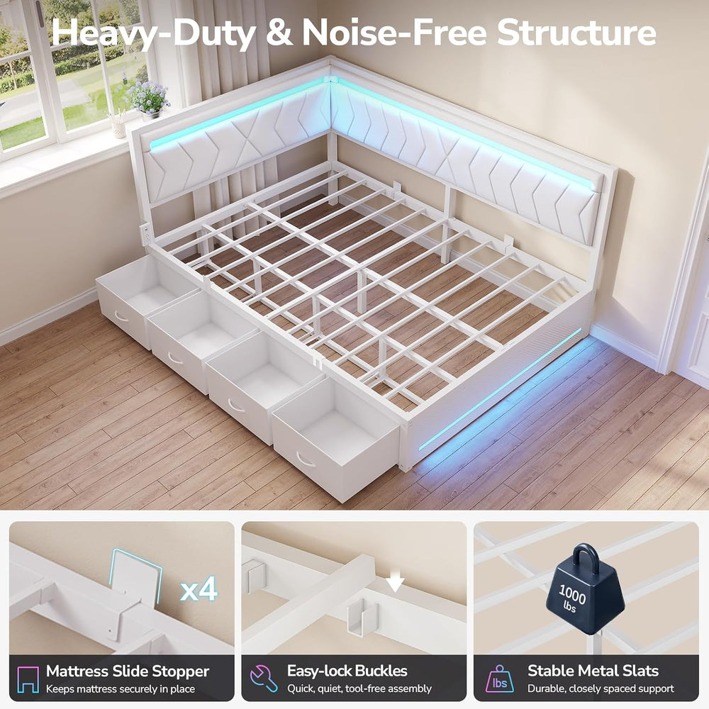 Full Corner Bed Frame with 4 Storage Drawers and Charging Station, White