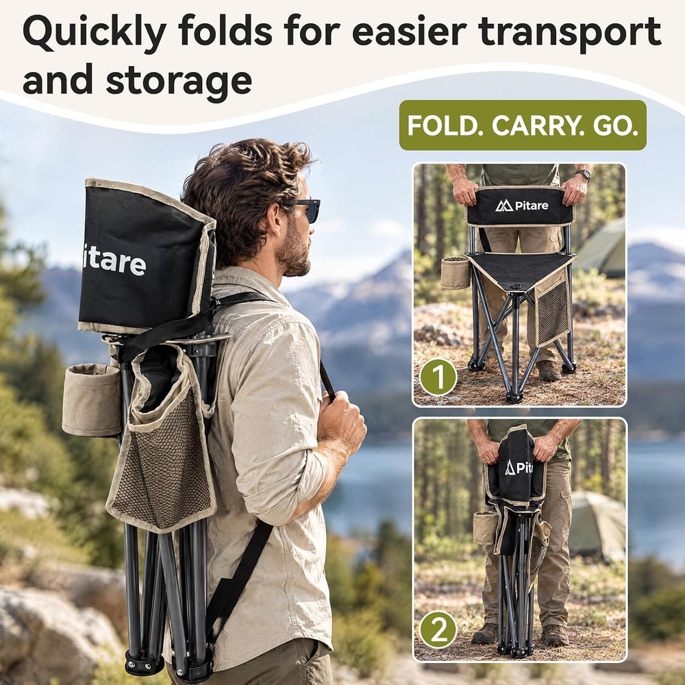 Tripod Camping Chair with Backrest, Folding Outdoor Stool