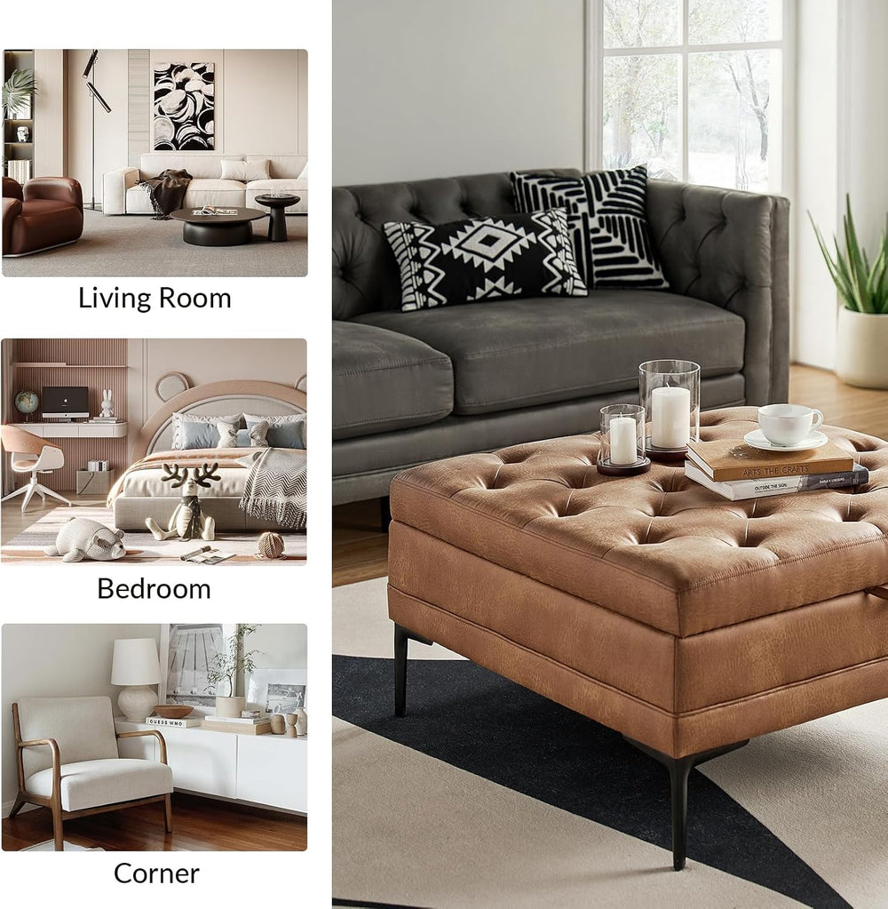 HULALA HOME Tufted Faux Leather Coffee Table, Camel | 36.5" Square Stora...