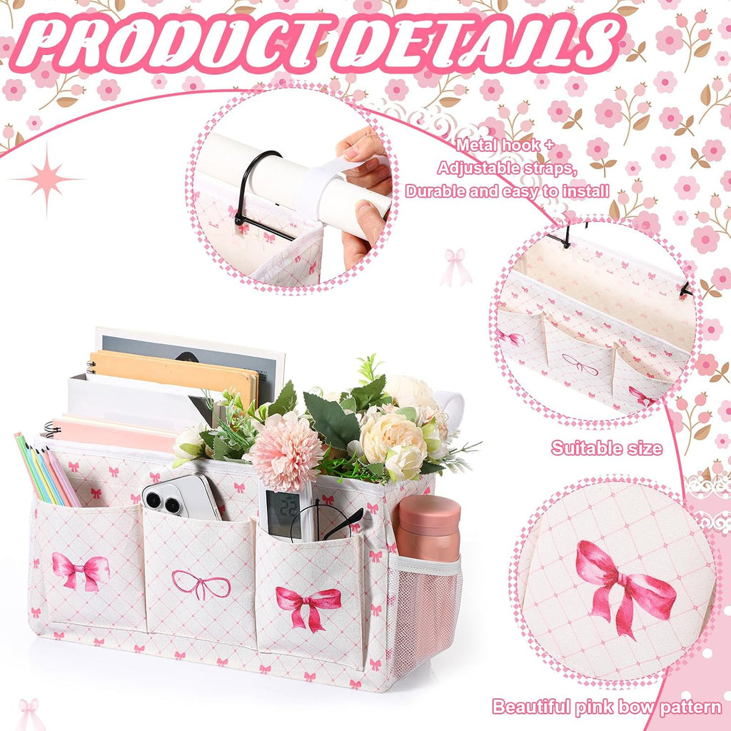 Pink Bow Bedside Caddy, Cute Bow Bedside Organizer, Pink Coquette Aesthetic Hanging Storage Caddy Bag with Fixed Strap and Water Bottle Holder for Home, College, Dorm, Bunk, Hospital, Bed Rail