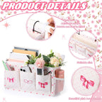Pink Bow Bedside Caddy, Cute Bow Bedside Organizer, Pink Coquette Aesthetic Hanging Storage Caddy Bag with Fixed Strap and Water Bottle Holder for Home, College, Dorm, Bunk, Hospital, Bed Rail