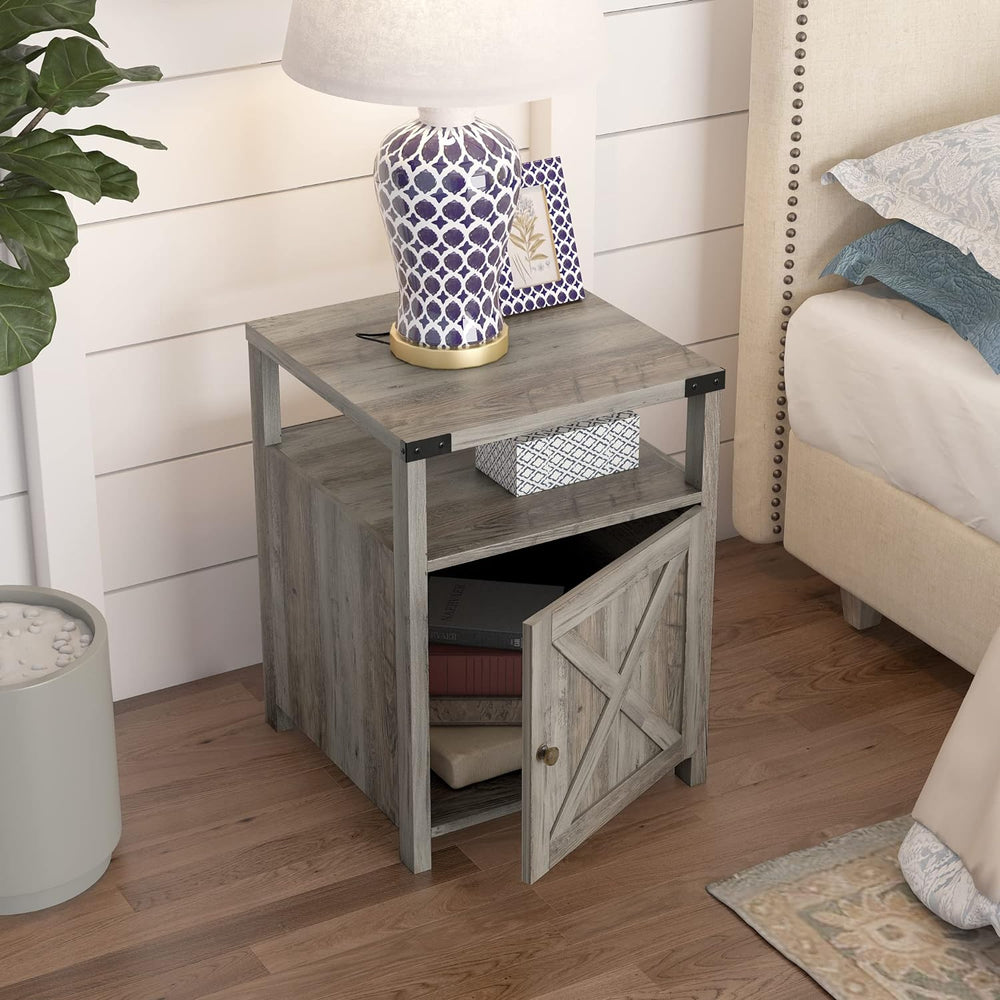 Farmhouse Nightstand with Charging Station, Rustic End Table Bedroom with Sto...