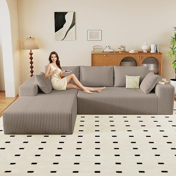 96" Modular Sectional Couch, Boneless L Shaped Cloud Sofa with Chaise Lounge, Corduroy Upholstered Couches Memory Foam Deep Seat, No Assembly Required, Ideal for Living Room(Camel, Left Facing)