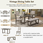 Merax Farmhouse Wooden Dining Set of 6, 59.6 inch Kitchen Table with Trestle Base, 4 Upholstered Chairs and 1 Bench, Easy Assemble Gray