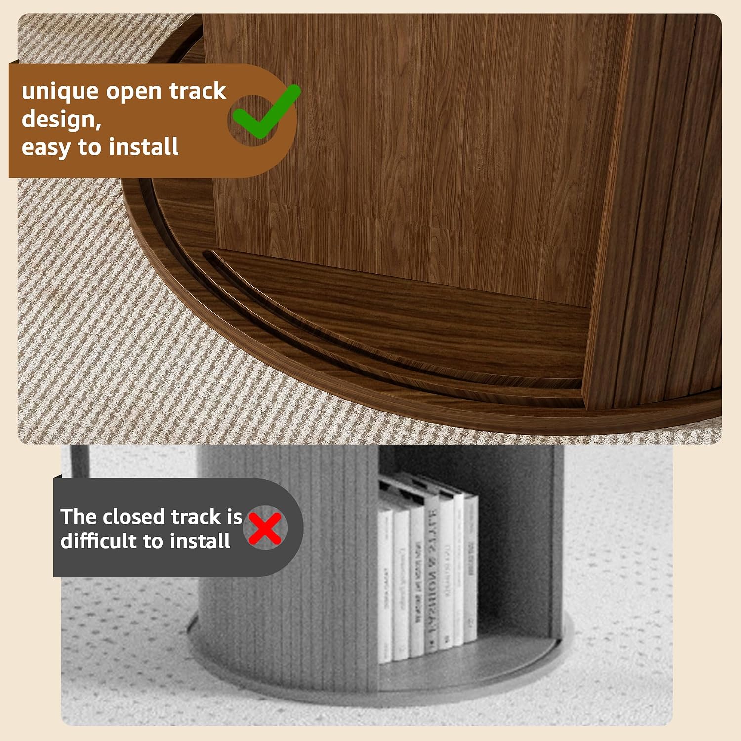 31.5 inch Round Dining Table for 2, Small Dinner Table with 2-Layer Storage Shelf, Morden Circle Kitchen Table with Wood Strip Base and Slide Door for Home Dining Room, Living Room, Walnut
