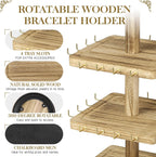 LadyRosian 3-Tier Wooden Rotating Jewelry Display Stand | Bracelet & Keychain Organizer with Advertising Board | 48 Hooks Rustic Holder for Vendor Booth & Stores (3-Tier Square Slot Display)