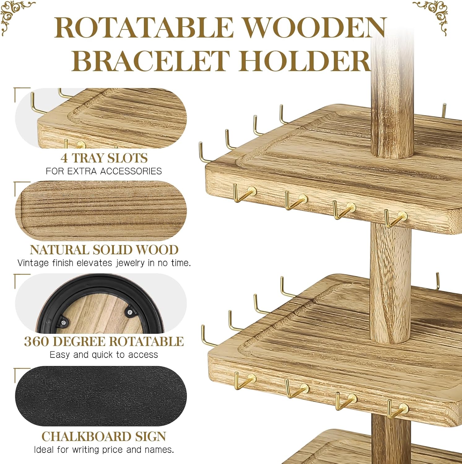 LadyRosian 3-Tier Wooden Rotating Jewelry Display Stand | Bracelet & Keychain Organizer with Advertising Board | 48 Hooks Rustic Holder for Vendor Booth & Stores (3-Tier Square Slot Display)