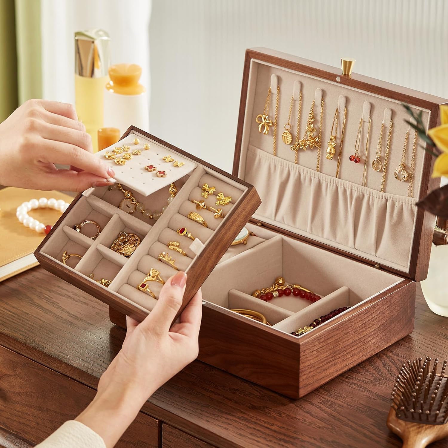 CHOSIN Black Walnut Wooden Jewelry Box for Women 2 Layer Jewelry Organizer with Removable Tray for Watches Rings Earrings Necklace Bracelets Storage Christmas Gifts
