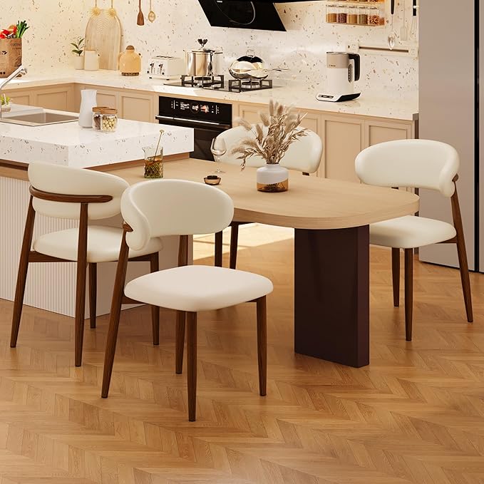 Kitchen Dining Chairs Set of 2 Modern Upholstered Leather Farmhouse Dining Room Chair with Metal Legs, Walnut/Beige