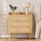 Rattan Night Stand with Charging Station, End Tables with 3 Drawer Dresser, Boho Bedside Table, Mid Century Modern Nightstand, RuralCabinet for Farmhouse Bedroom Living Room Sofa Couch Office Corner