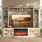98" Farmhouse Fireplace TV Stand with 36" Electric Fireplace, Wall Media Console with Barn Doors,Bookshelf Wine Storage, Entertainment Center Fits TVs Up to 75" for Living Room, White
