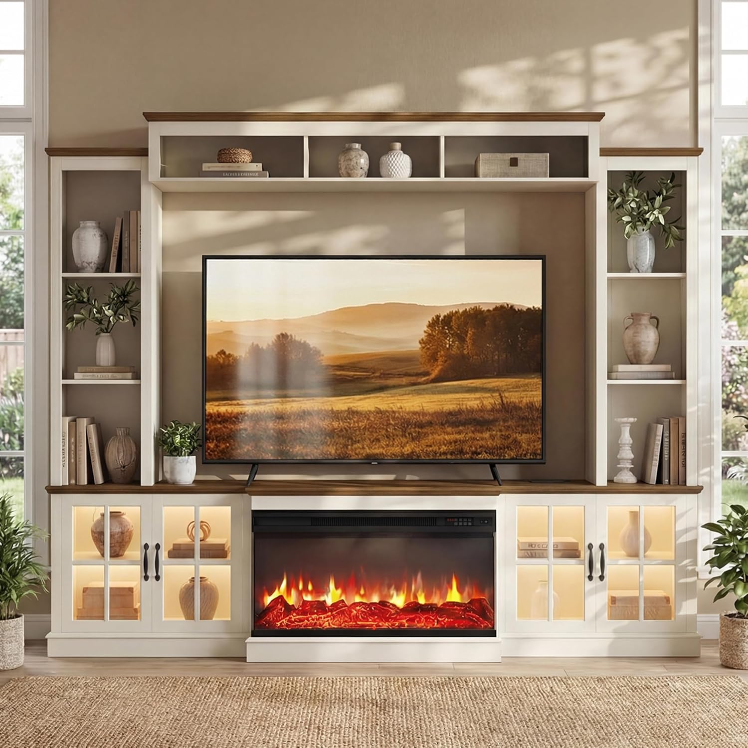 98" Farmhouse Fireplace TV Stand with 36" Electric Fireplace, Wall Media Console with Barn Doors,Bookshelf Wine Storage, Entertainment Center Fits TVs Up to 75" for Living Room, White