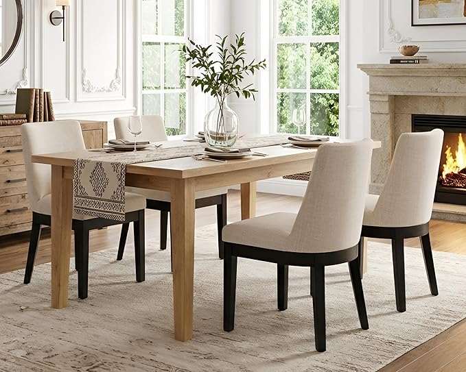 Modern Dining Chairs Set of 2 with Comfortable Back Support, Farmhouse Soft Linen Upholstered Kitchen Dining Room Chairs with Black Solid Wood Legs, Armless Accent Side Chairs for Living Room, Beige