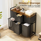 HOMEIJU Laundry Basket with Wheels, Rolling Laundry Hamper Organizer with Large Desktop, Laundry Sorter with 6 Pull-Out and Removable Laundry Bags, Metal Frame, Rustic Brown and Black