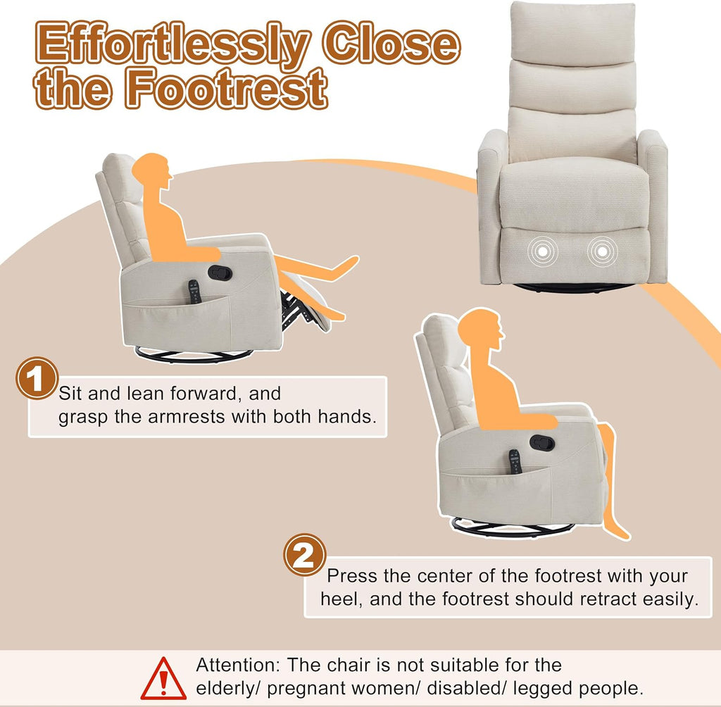 Manual Swivel Rocker Recliner Chair for Adults, Overstuffed Glider Chair for Nursing with Vibration Massage & Lumbar Heat, Living Room Rocking Recliner 3-Stage backrest, Chenille Fabric Beige