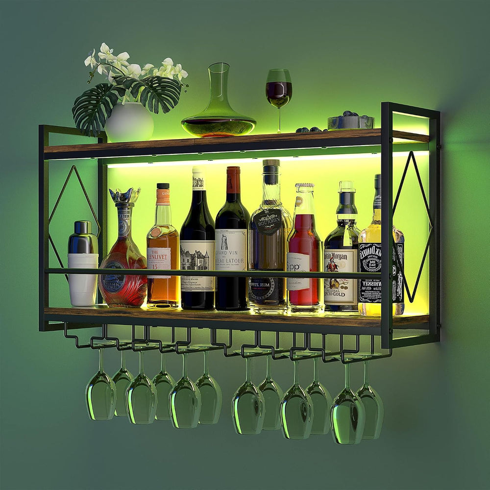 Wine Rack Wall Mounted Wine Glass Rack With LED For Home Bar Storage | 31.5 I...