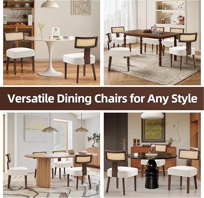 Upholstered Rattan Dining Chairs Set of 2, Mid-Century Modern Fabric Dining Room Chairs with Brown Hardwood Frame, Curved Backrest Kitchen Chair Armless Accent Chairs for Living Room (Cream)