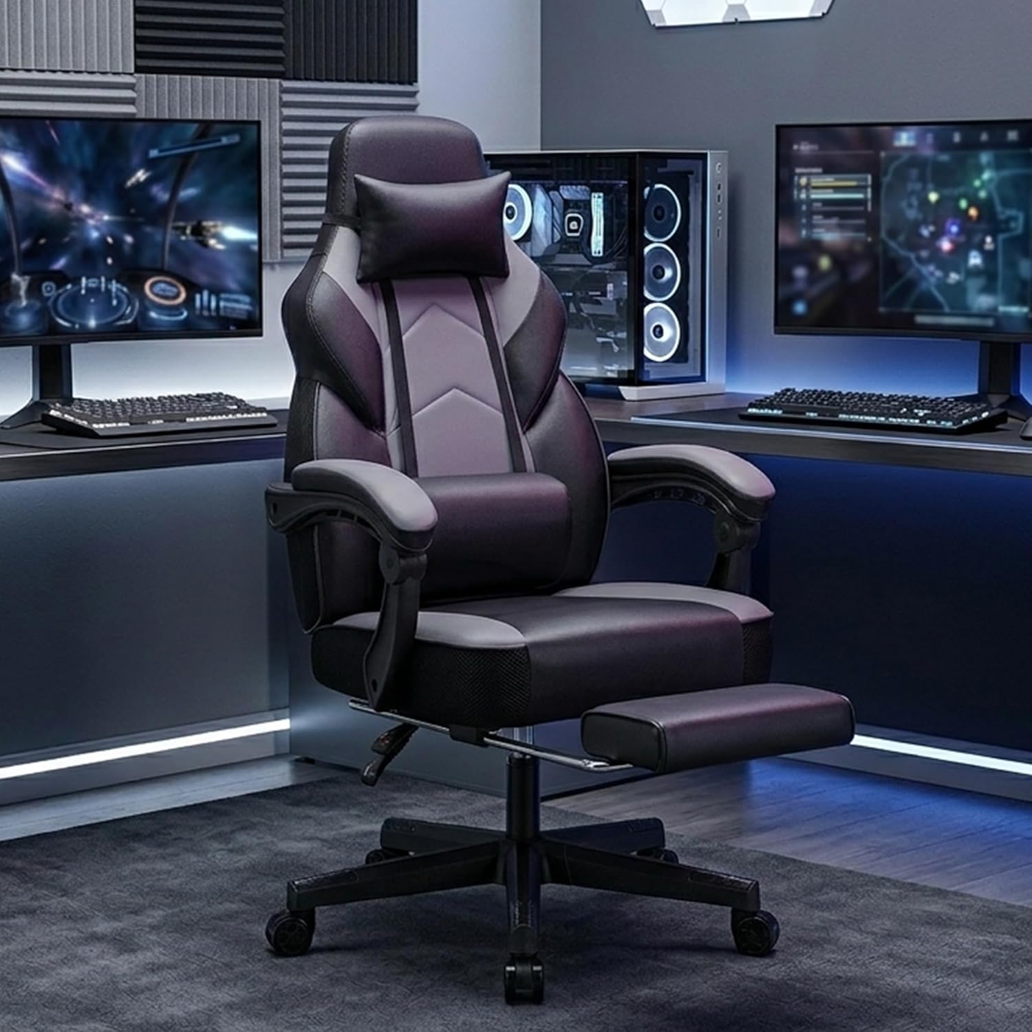Gaming Chair for Adults, Grey Video Game Chair with Footrest, Big and Tall Gaming Chair Heavy Duty Computer Chair with Massage Lumbar, Ergonomic Adjustable Height and 360° Swivel, PU Leather, Grey