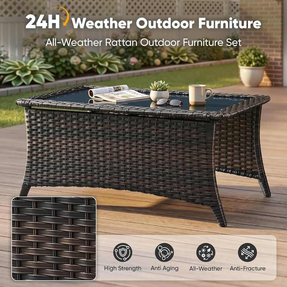 Belord Outdoor Coffee Table with Tempered Glass Top, Patio Rectangular Brown ...