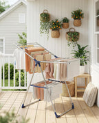 Sakugi Clothes Drying Rack with Height-Adjustable Wings, Metal Foldable Laundry Dryer Stand for Clothing & Bedding, Free-Standing Collapsible for Indoor & Outdoor Use, 55.5" L × 22.8" W, Silver Blue