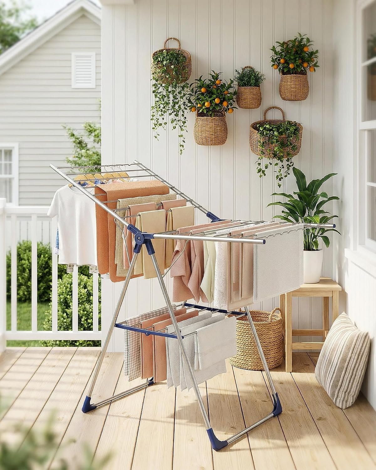 Sakugi Clothes Drying Rack with Height-Adjustable Wings, Metal Foldable Laundry Dryer Stand for Clothing & Bedding, Free-Standing Collapsible for Indoor & Outdoor Use, 55.5" L × 22.8" W, Silver Blue