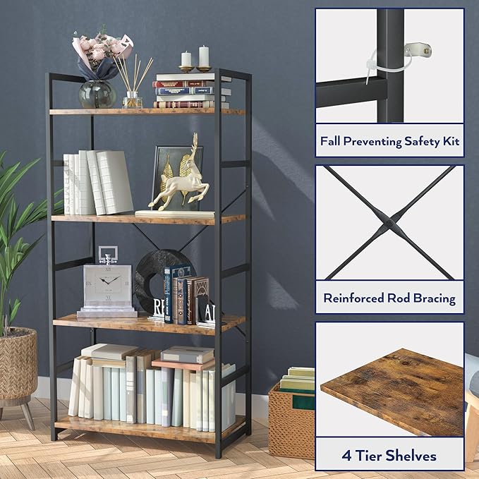 NUMENN 4 Tier Bookshelf, Tall Bookcase Shelf Storage Organizer, Modern Book S...