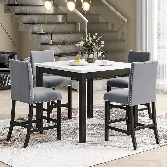 HomSof 5-Piece Counter Height Dining Table Set with One Faux Marble Top Dining Table and Four Velvet-Upholstered Chairs,Grey