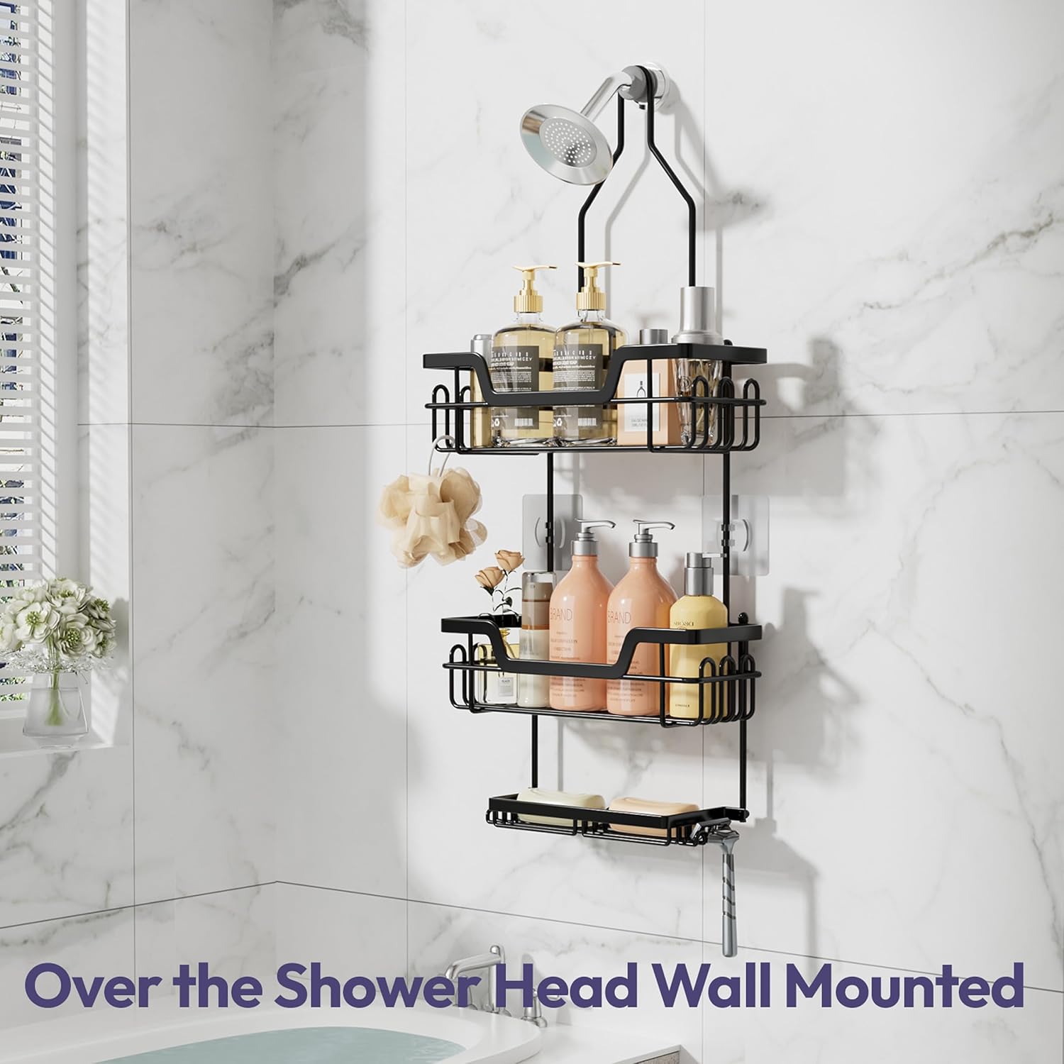 SWTYMIKI Bathroom Shower Caddy Hanging - 3 Tier Rustproof Over Shower Head Organizer, No Drilling Bathroom Shelf with 16 Hooks & Soap Holder, Anti-Swing Rack for Shampoo,Sponge,Towel, Black, Large