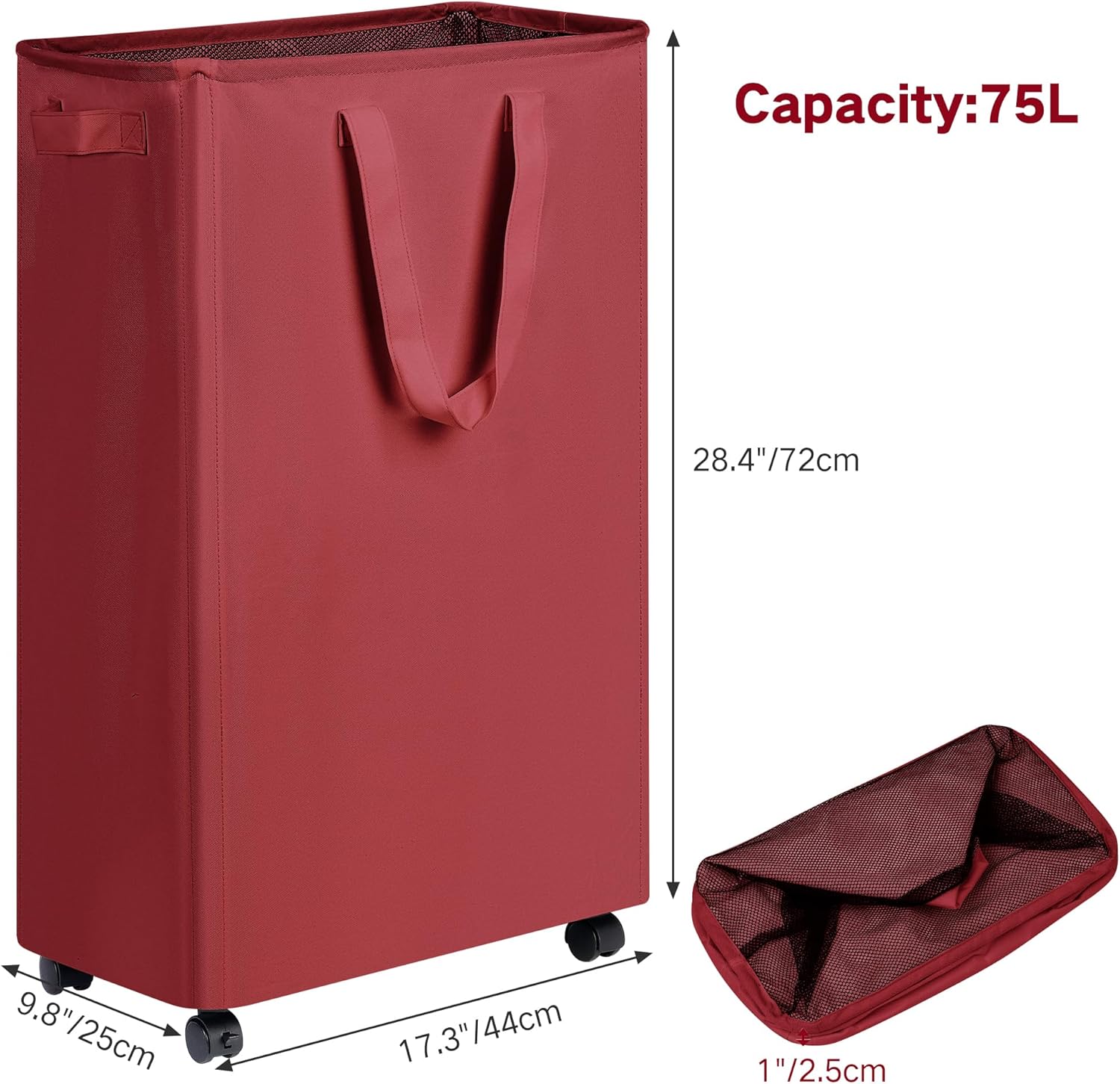 efluky Slim Laundry Hamper with Wheels, Rolling Laundry Basket for Clothes, Small Laundry Basket for Bedroom, Dorm and Laundry Room, 75L (19.8 Gallons) Burgundy Red