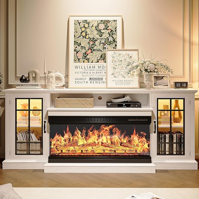 MXV 70'' Fireplace TV Stand, Farmhouse Entertainment Center with 3 Sided Glass TV Stand, Modern Media Console Table with Storage Drawers & Cabinets with LED Flame and Lights for Living Room, White