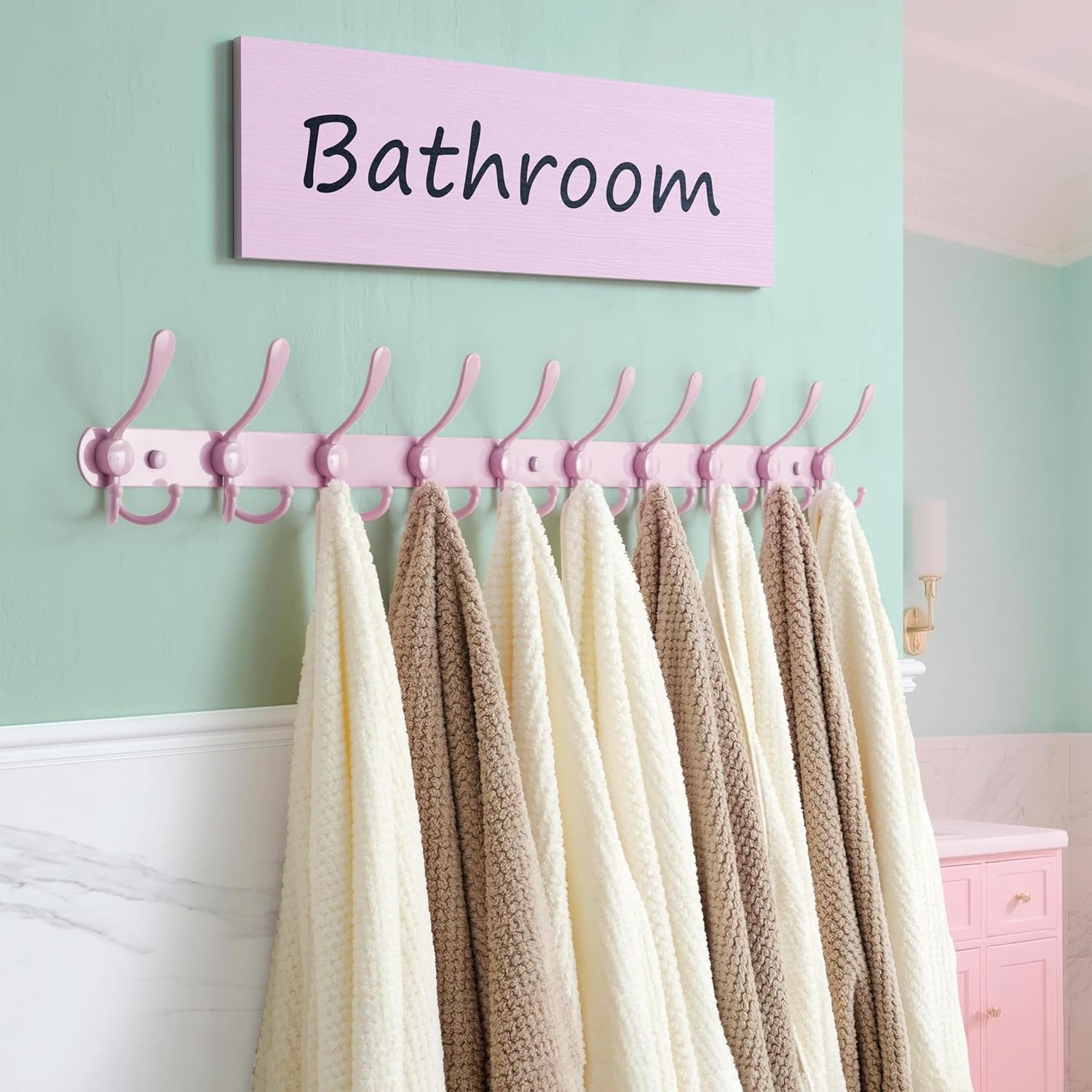 Dseap Coat Rack Wall Mount - 38” Long 10-Tri-Hooks Heavy Duty Coat Hanger Rail Wall Hooks for Hanging Coats Hats Clothing Clothes Purse Mudroom Entryway, Pink