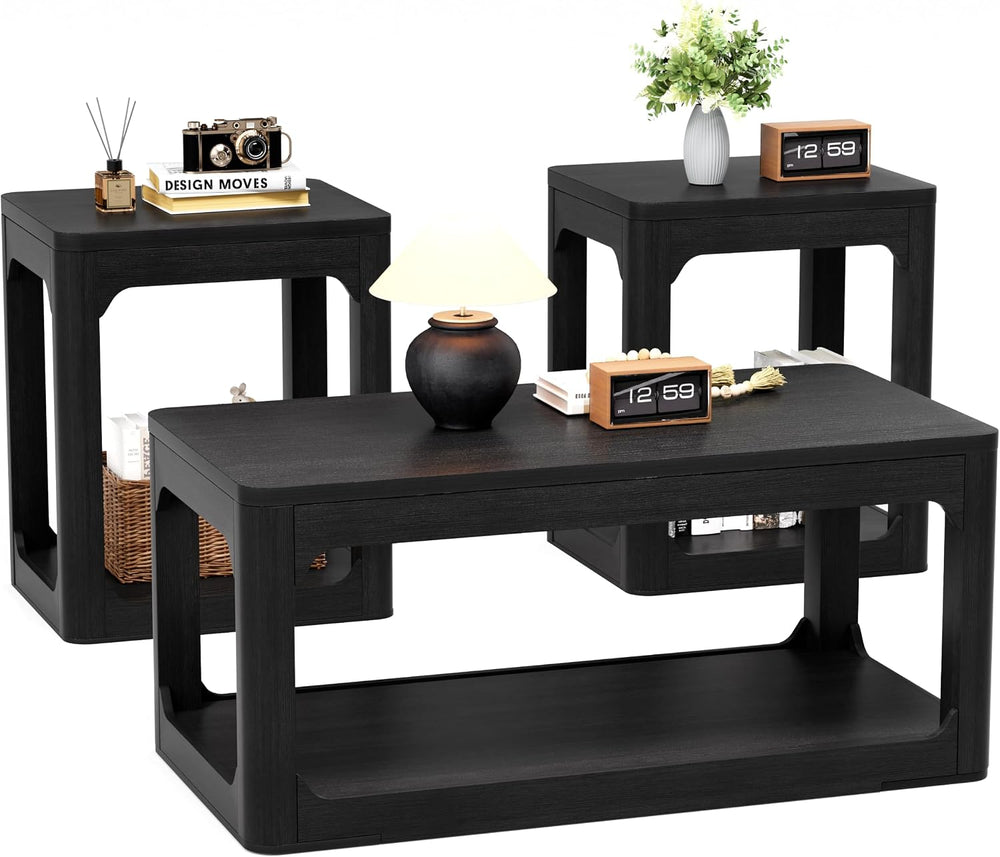 3-Piece Coffee Table Set with 2 Side Tables, Black | Two-tier storage design,...