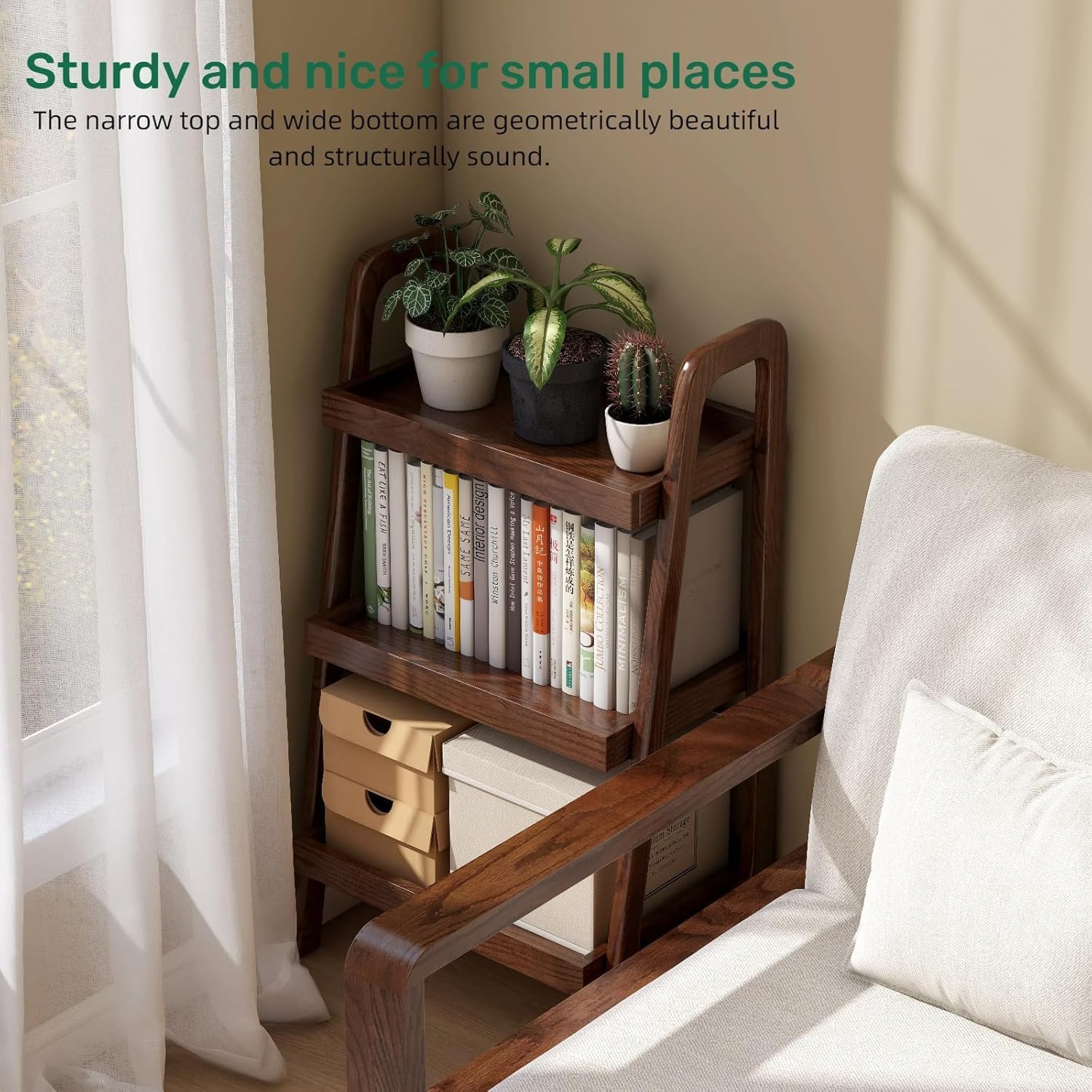 100% Solid Oak 3 Tier Ladder Shelf for Saving Space, Small Bookshelf with Stable Frame, Free Standing Ladder Shelves for Living Room Bedroom Couch, (Walnut, 17.72" W x 12.6" L x 31.5" H)