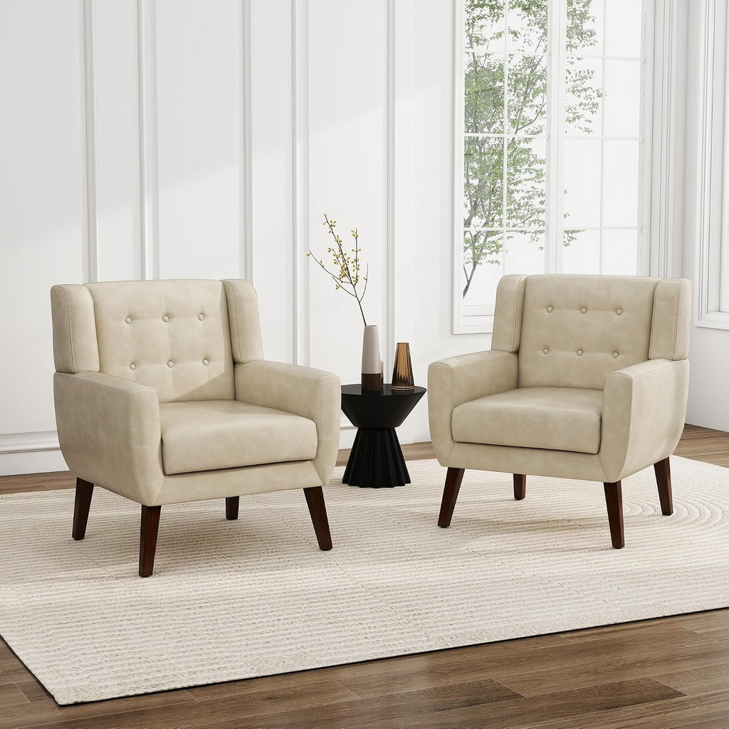 PU Leather Accent Chairs Set of 2, Upholstered Armchair, Cream | Mid Century Modern Living Room Chair, Button Tufted Wingback Chair with Removable Cushion, Bedroom Side Reading Seat