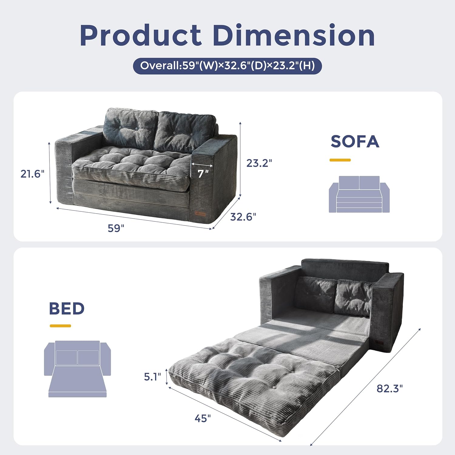 MAXYOYO Convertible Sofa Bed, Loveseat Sofa Couch for Adults, 2 in 1 Folding Couch Bed, Fold Out Floor Couch for Living Room Bedroom Lounge, Dark Grey