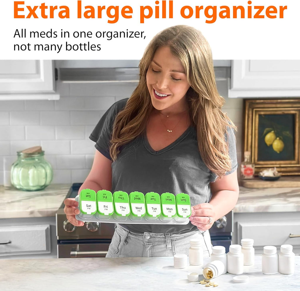 Extra Large Weekly Pill Organizer - XL Vitamin Holder with 7 Detachable AM PM Compartments - Portable Medicine Dispenser for Home and Travel, Big Supplement Container for Weekly or Daily Use, Green