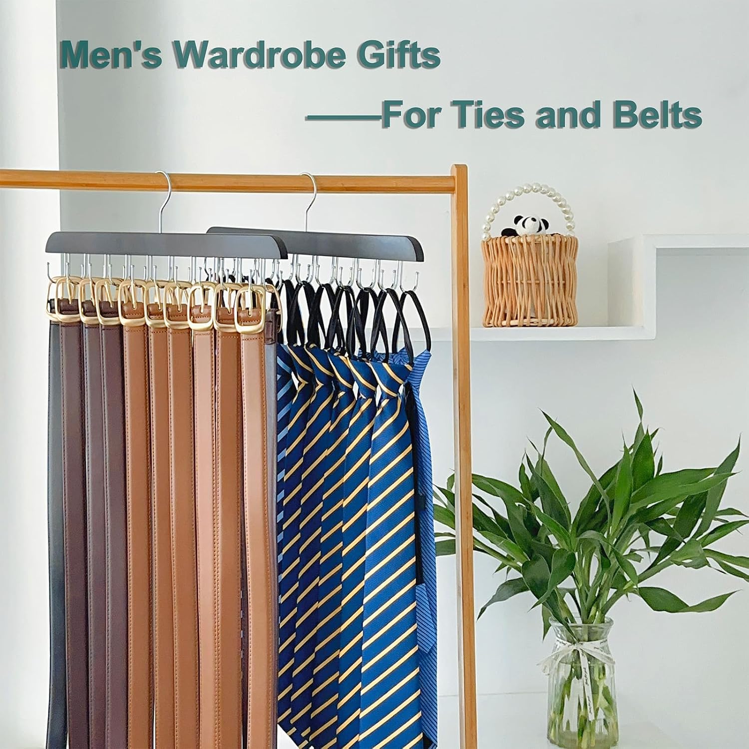 2 Pack Belt Hanger for Closet Organizer,Wooden Belt Storage Organizer with 20 Metal Hooks for Space Saving,Foldable Belts Holder for Belts,Tank Tops,Ties(Black)