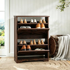 Shoe Cabinet with 2 Flip Drawers, Farmhouse Shoe Storage for Entryway, Wooden Shoe Organizer Cabinet with Adjustable Shelves, Hidden Slim Shoe Cabinet for Hallway, Living Room, Brown