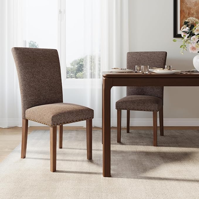 Stylish Dining Chairs Set of 2, Upholstered Parsons Dining Room Chair with Nailhead Trim, Kitchen Room Chair with Thick Cushions and Wood Legs, Nailhead Trim, Brown