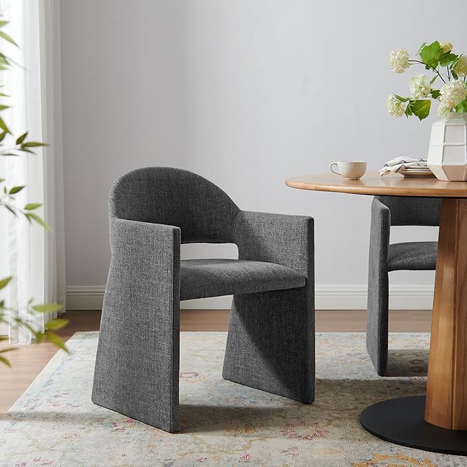 Modway Talia Upholstered Fabric Dining Armchair in Charcoal - Modern Curved Dining Chair with Open-Back - Living Room Barrel Lounge Chair - Single Upholstered Accent Chair with Arms