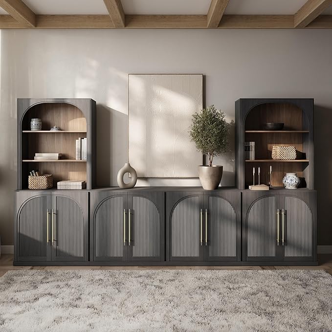 BELLEZE 6-Piece Modular TV Stand, Entertainment Center with Double-Arc Wood Door and Storage Hutch Cabinets, Classic Modern Media Console Table for Living Room Dining Room (Ebony)