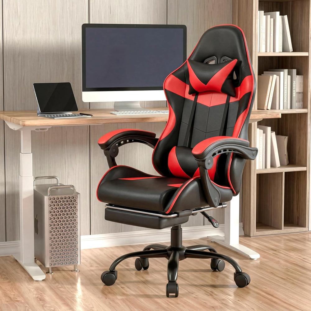 Gaming Chair, Ergonomic Footrest, Lumbar & Headrest(Red Black) | Steel fr...
