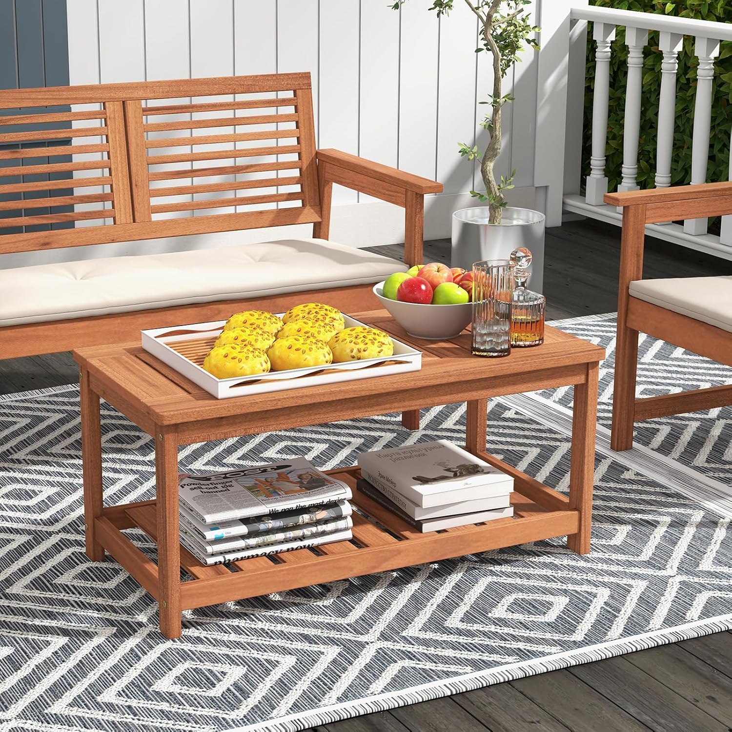 Tangkula Wood Outdoor Coffee Table, 2-Tier Patio Coffee Table with Slatted Hardwood Tabletop & Storage Shelf, Rectangle Wood Table for Deck, Garden, Balcony, Indoor or Outdoor Use (Natural)